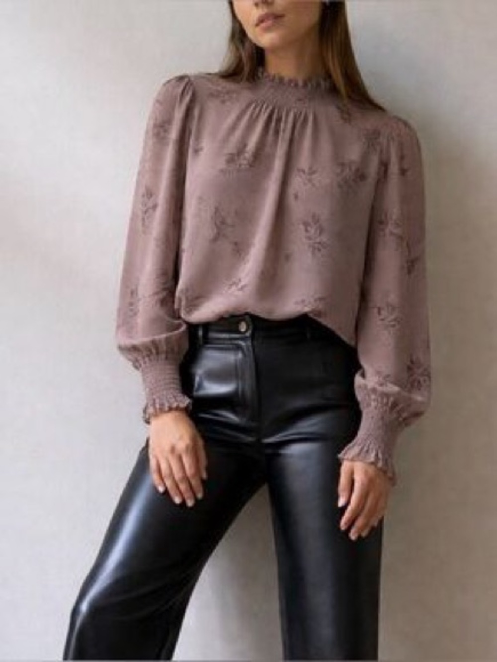 Aritzia Mauve Floral Smocked Neck Blouse